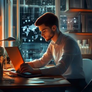 Квалификация клиента — первый шаг к успешной сделке Молодой бизнес-профессионал за рабочим столом с ноутбуком, на фоне которого видны диаграммы и графики, символизирующие стратегическое планирование и анализ данных.