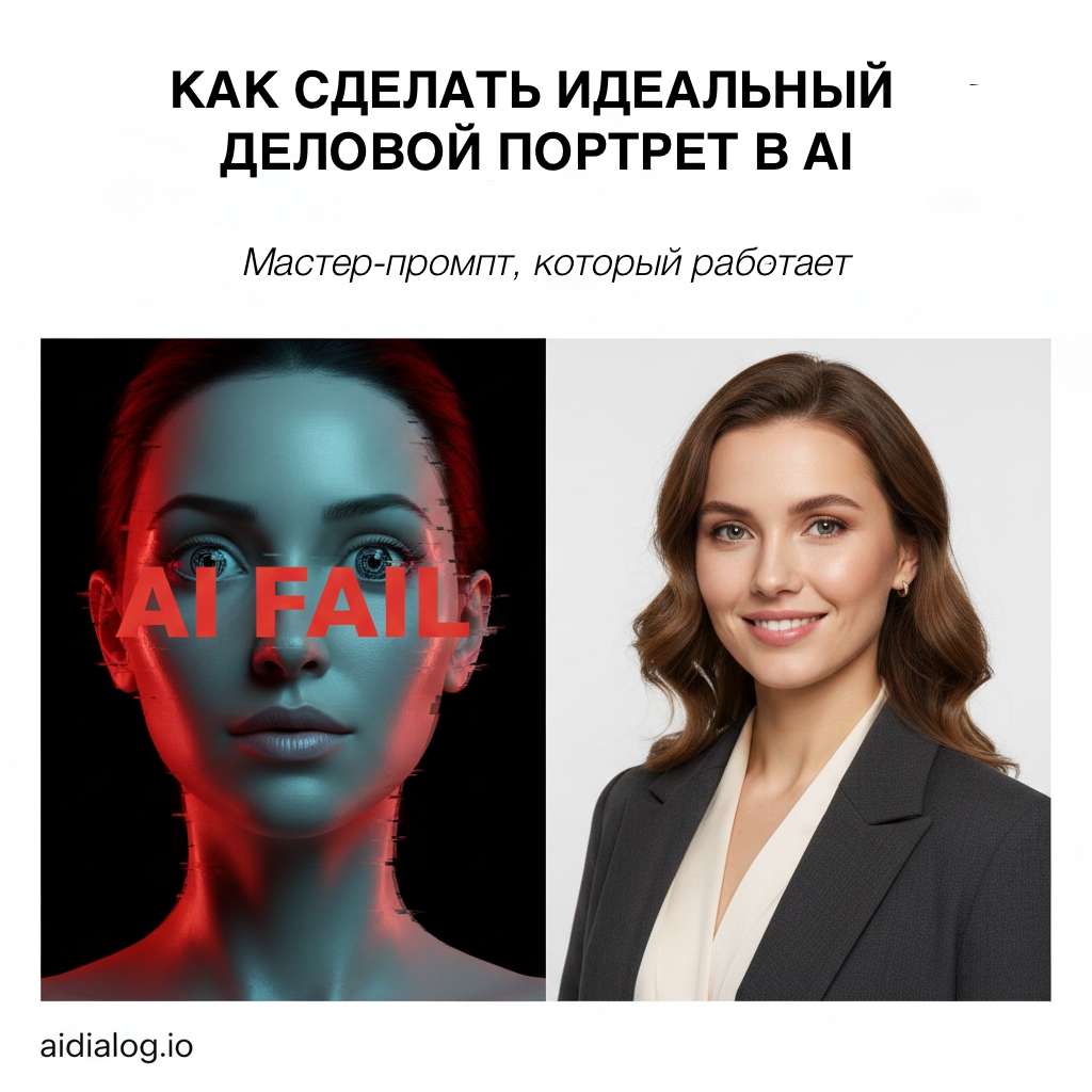 Сравнение неудачной генерации лица нейросетью и реалистичного делового портрета женщины для статьи о мастер-промптах.
