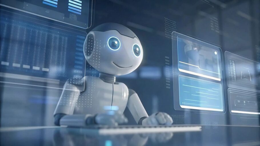 friendly stylized 3d humanoid ai robot sitting at 